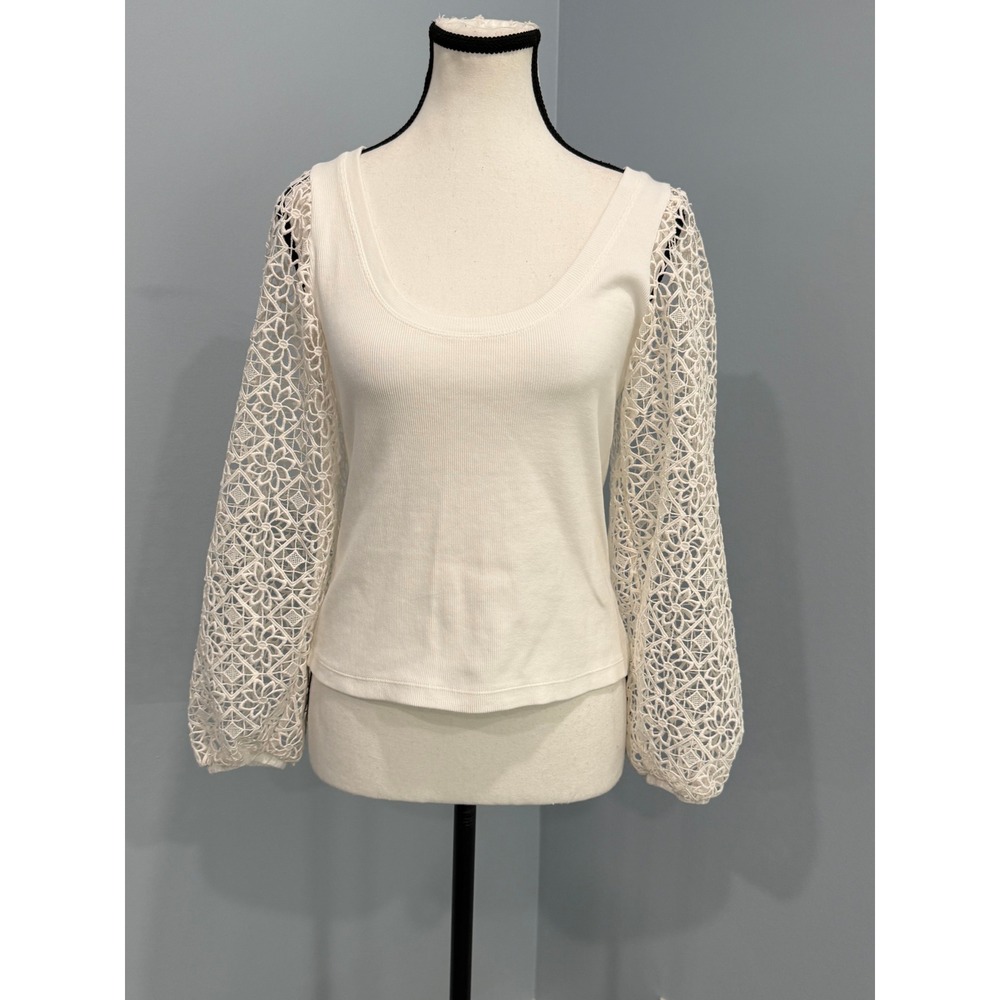 Maeve by Anthropologie White Ribbed Knit Crochet Lace Puff Sleeve Top SP